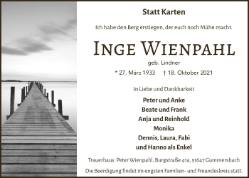 Anzeige von Inge Wienpahl von  Anzeigen Echo 