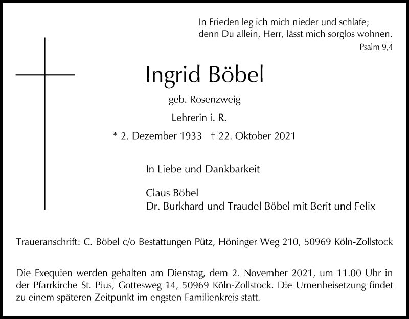  Traueranzeige für Ingrid Böbel vom 28.10.2021 aus Kölner Stadt-Anzeiger / Kölnische Rundschau / Express