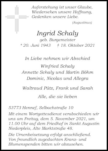 Anzeige von Ingrid Schaly von Kölner Stadt-Anzeiger / Kölnische Rundschau / Express