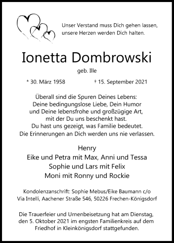 Anzeige von Ionetta Dombrowski von Kölner Stadt-Anzeiger / Kölnische Rundschau / Express