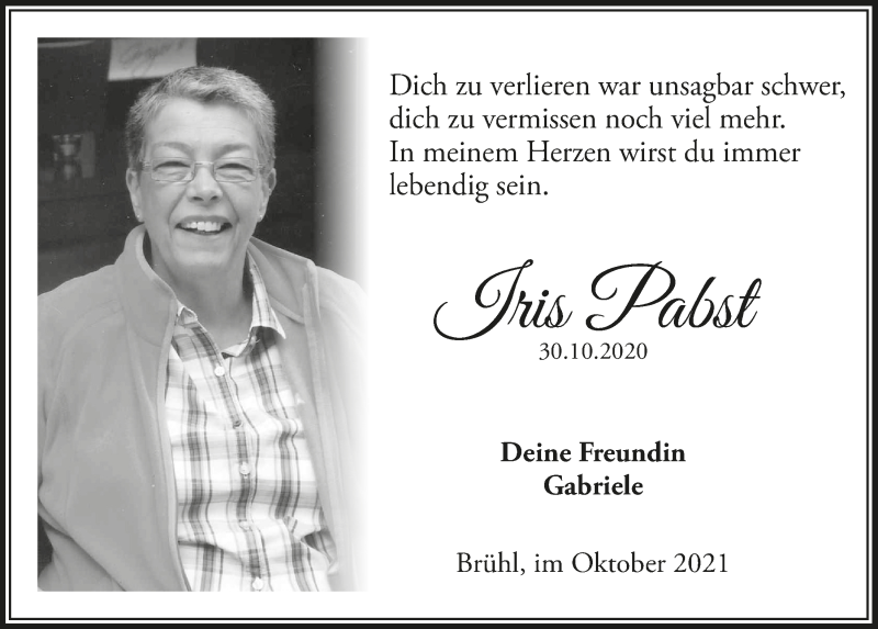  Traueranzeige für Iris Pabst vom 18.07.2023 aus  Schlossbote/Werbekurier 