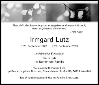 Anzeige von Irmgard Lutz von Kölner Stadt-Anzeiger / Kölnische Rundschau / Express