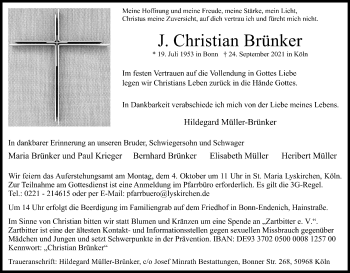 Anzeige von J. Christian Brünker von Kölner Stadt-Anzeiger / Kölnische Rundschau / Express