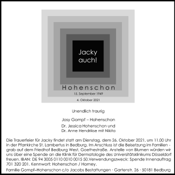 Anzeige von Jacky Hohenschon von Kölner Stadt-Anzeiger / Kölnische Rundschau / Express