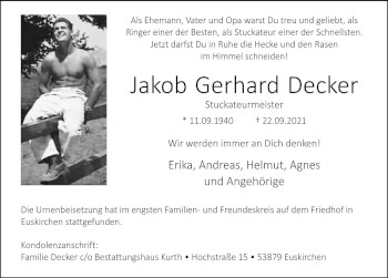 Anzeige von Jakob Gerhard Decker von  Blickpunkt Euskirchen 