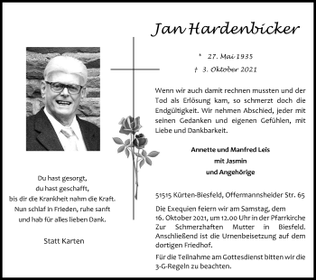 Anzeige von Jan Hardenbicker von Kölner Stadt-Anzeiger / Kölnische Rundschau / Express
