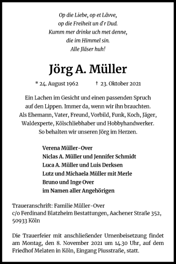 Anzeige von Jörg A. Müller von Kölner Stadt-Anzeiger / Kölnische Rundschau / Express