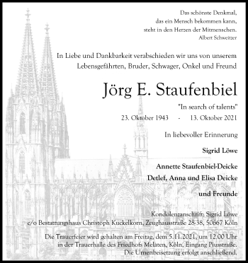 Anzeige von Jörg E. Staufenbiel von Kölner Stadt-Anzeiger / Kölnische Rundschau / Express