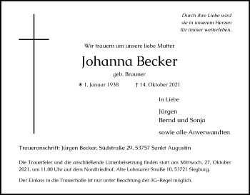 Anzeige von Johanna Becker von Kölner Stadt-Anzeiger / Kölnische Rundschau / Express