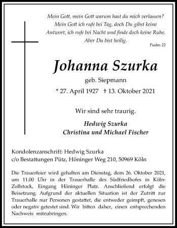 Anzeige von Johanna Szurka von Kölner Stadt-Anzeiger / Kölnische Rundschau / Express