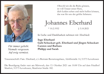 Anzeige von Johannes Eberhard von Kölner Stadt-Anzeiger / Kölnische Rundschau / Express