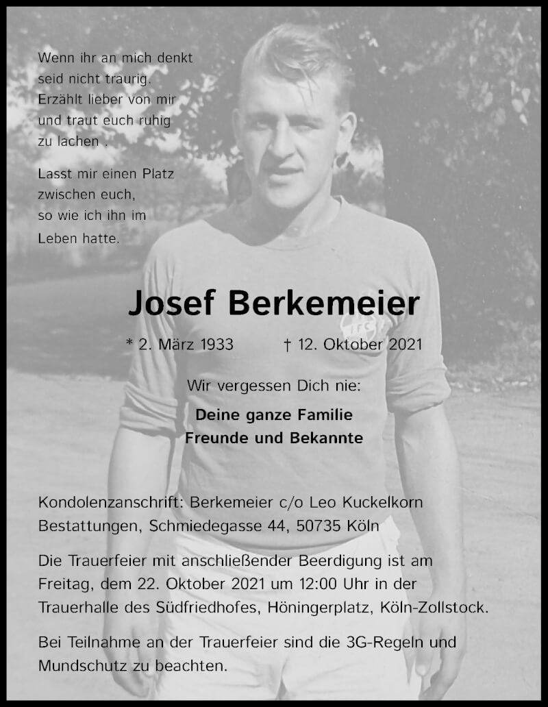  Traueranzeige für Josef Berkemeier vom 16.10.2021 aus Kölner Stadt-Anzeiger / Kölnische Rundschau / Express