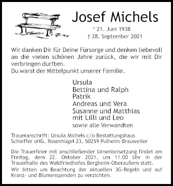 Anzeige von Josef Michels von Kölner Stadt-Anzeiger / Kölnische Rundschau / Express