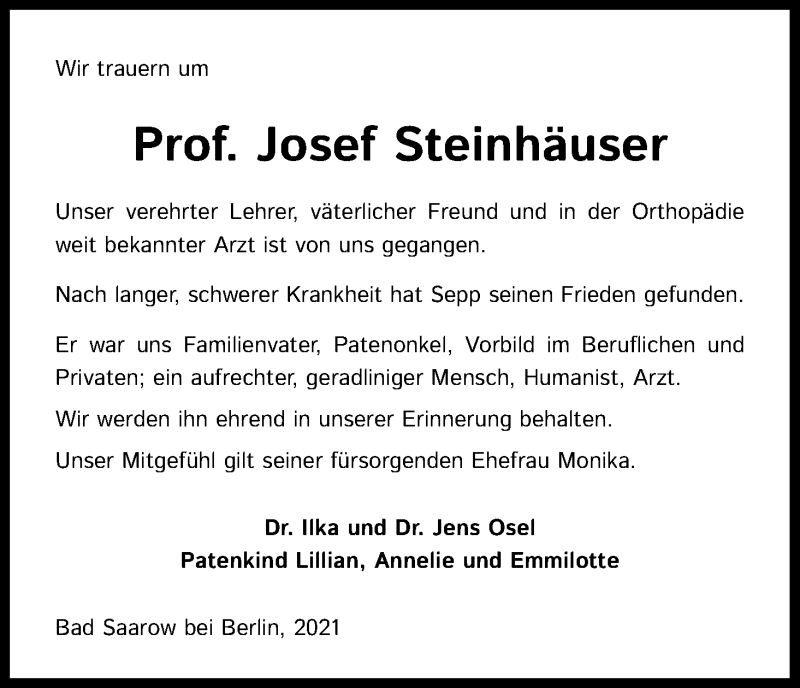  Traueranzeige für Josef Steinhäuser vom 13.10.2021 aus Kölner Stadt-Anzeiger / Kölnische Rundschau / Express