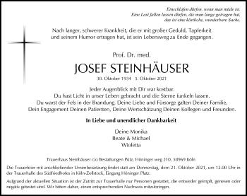 Anzeige von Josef Steinhäuser von Kölner Stadt-Anzeiger / Kölnische Rundschau / Express