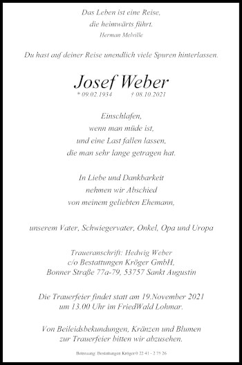Anzeige von Josef Weber von Kölner Stadt-Anzeiger / Kölnische Rundschau / Express