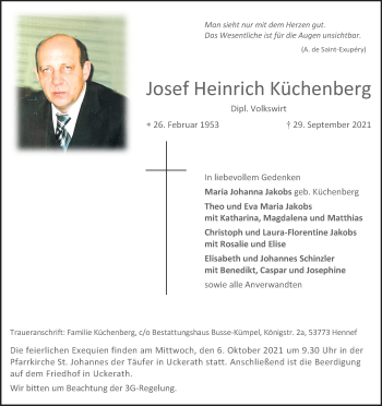 Anzeige von Josef Heinrich Küchenberg von Kölner Stadt-Anzeiger / Kölnische Rundschau / Express