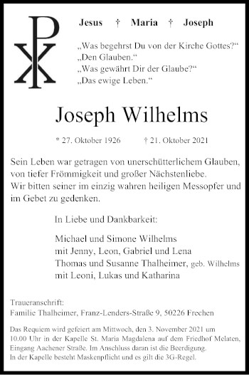 Anzeige von Joseph Wilhelms von Kölner Stadt-Anzeiger / Kölnische Rundschau / Express