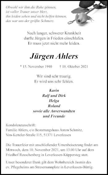 Anzeige von Jürgen Ahlers von Kölner Stadt-Anzeiger / Kölnische Rundschau / Express