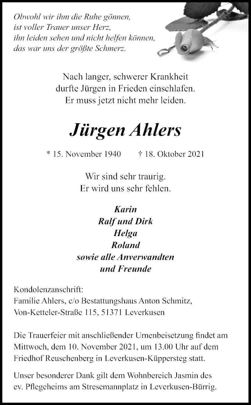  Traueranzeige für Jürgen Ahlers vom 30.10.2021 aus Kölner Stadt-Anzeiger / Kölnische Rundschau / Express