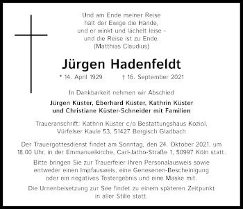 Anzeige von Jürgen Hadenfeldt von Kölner Stadt-Anzeiger / Kölnische Rundschau / Express