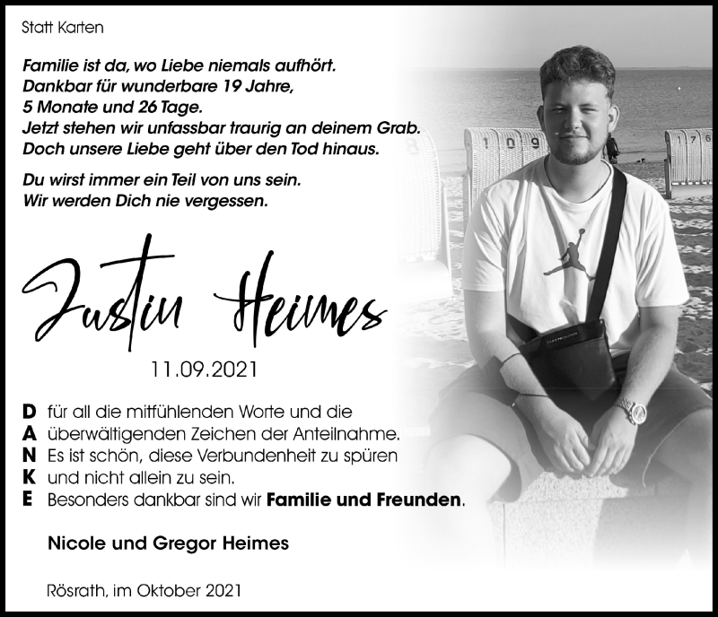  Traueranzeige für Justin Heimes vom 29.10.2021 aus  Bergisches Handelsblatt 