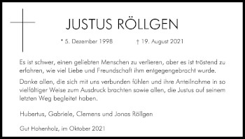 Anzeige von Justus Röllgen von Kölner Stadt-Anzeiger / Kölnische Rundschau / Express