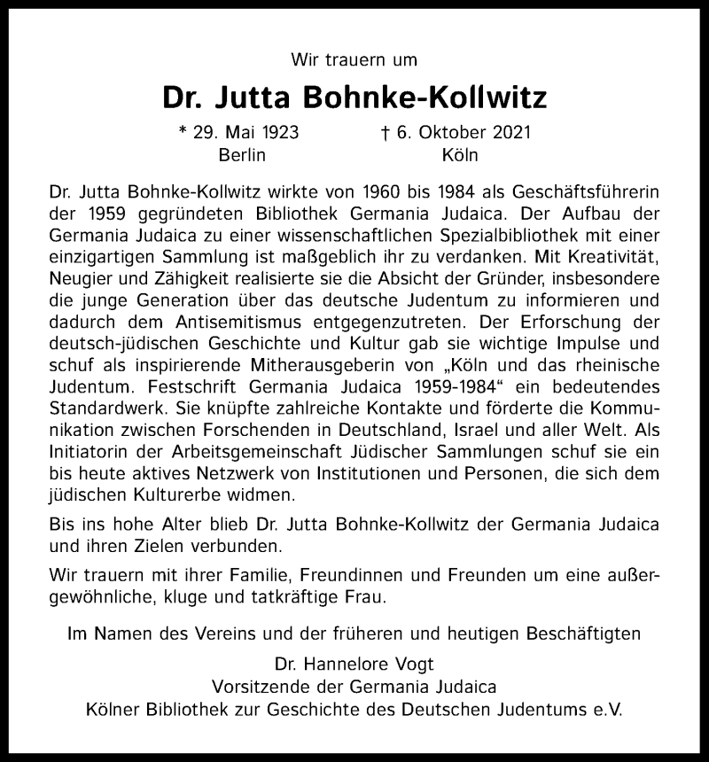  Traueranzeige für Jutta Bohnke-Kollwitz vom 23.10.2021 aus Kölner Stadt-Anzeiger / Kölnische Rundschau / Express