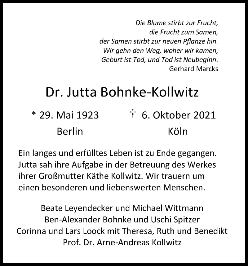  Traueranzeige für Jutta Bohnke-Kollwitz vom 23.10.2021 aus Kölner Stadt-Anzeiger / Kölnische Rundschau / Express