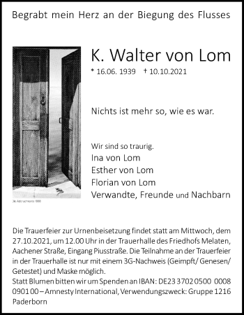 Anzeige von K. Walter von Lom von Kölner Stadt-Anzeiger / Kölnische Rundschau / Express