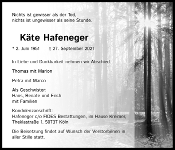 Anzeige von Käte Hafeneger von Kölner Stadt-Anzeiger / Kölnische Rundschau / Express
