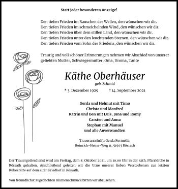 Anzeige von Käthe Oberhäuser von Kölner Stadt-Anzeiger / Kölnische Rundschau / Express