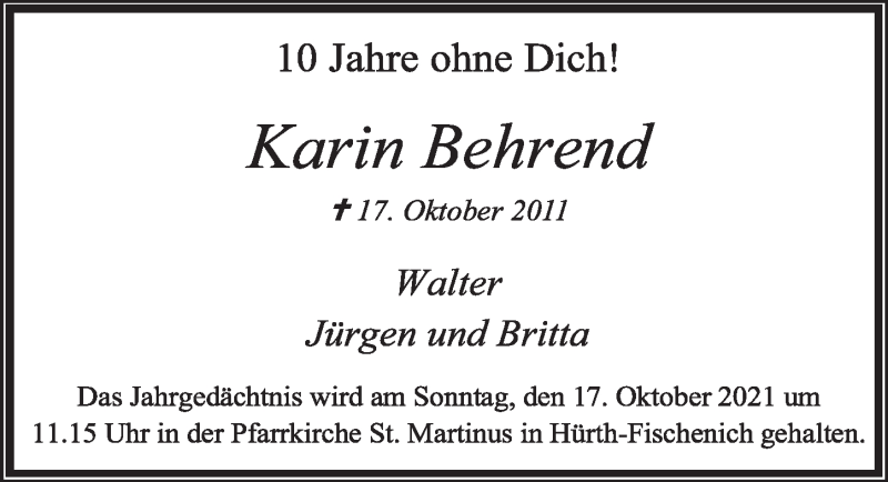  Traueranzeige für Karin Behrend vom 18.07.2023 aus  Wochenende 