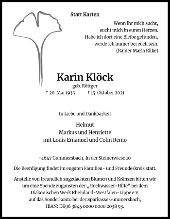 Anzeige von Karin Klöck von Kölner Stadt-Anzeiger / Kölnische Rundschau / Express