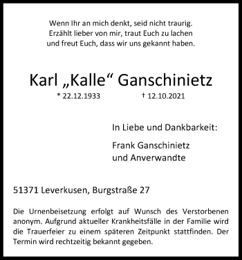 Anzeige von Karl Ganschinietz von Kölner Stadt-Anzeiger / Kölnische Rundschau / Express