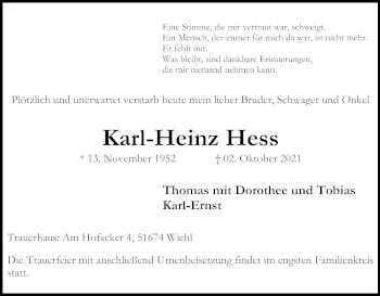 Anzeige von Karl-Heinz Hess von Kölner Stadt-Anzeiger / Kölnische Rundschau / Express
