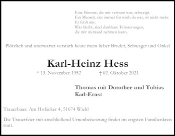 Anzeige von Karl-Heinz Hess von Kölner Stadt-Anzeiger / Kölnische Rundschau / Express