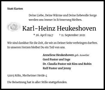 Anzeige von Karl-Heinz Heukeshoven von Kölner Stadt-Anzeiger / Kölnische Rundschau / Express
