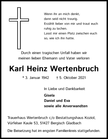 Anzeige von Karl Heinz Wertenbruch von Kölner Stadt-Anzeiger / Kölnische Rundschau / Express