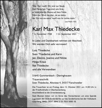 Anzeige von Karl Max Thiedecke von Kölner Stadt-Anzeiger / Kölnische Rundschau / Express