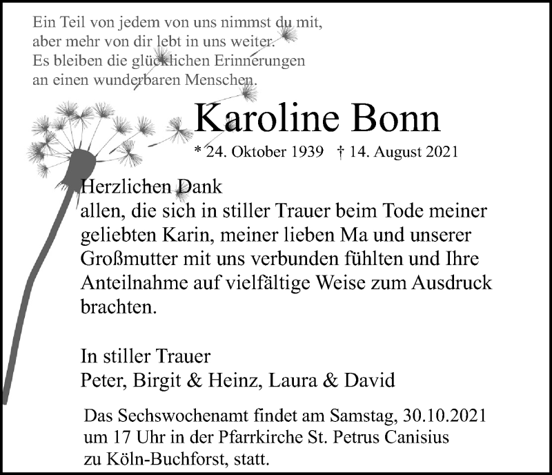  Traueranzeige für Karoline Bonn vom 23.10.2021 aus Kölner Stadt-Anzeiger / Kölnische Rundschau / Express