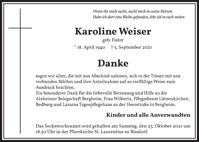  Traueranzeige für Karoline Weiser vom 22.10.2021 aus  Werbepost 