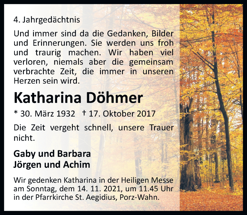  Traueranzeige für Katharina Döhmer vom 22.10.2021 aus  Kölner Wochenspiegel 