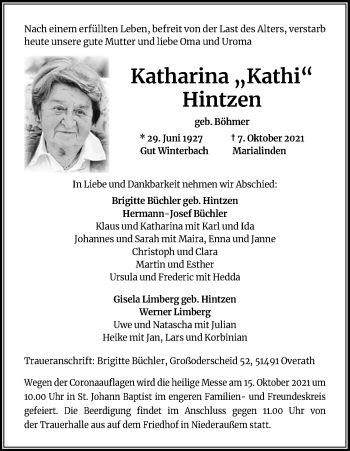Anzeige von Katharina Hintzen von Kölner Stadt-Anzeiger / Kölnische Rundschau / Express
