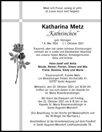 Anzeige von Katharina Metz von Kölner Stadt-Anzeiger / Kölnische Rundschau / Express