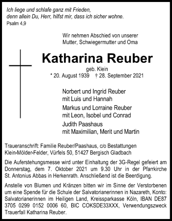 Anzeige von Katharina Reuber von Kölner Stadt-Anzeiger / Kölnische Rundschau / Express