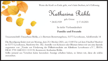 Anzeige von Katharina Rühle von Kölner Stadt-Anzeiger / Kölnische Rundschau / Express