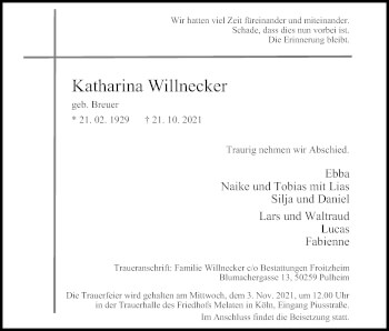 Anzeige von Katharina Willnecker von Kölner Stadt-Anzeiger / Kölnische Rundschau / Express