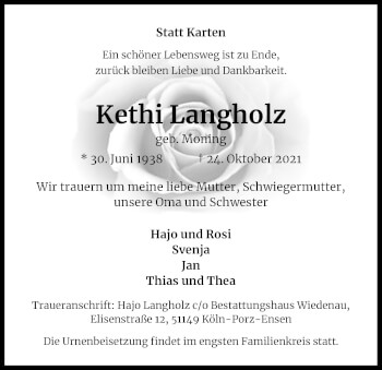 Anzeige von Kethi Langholz von Kölner Stadt-Anzeiger / Kölnische Rundschau / Express