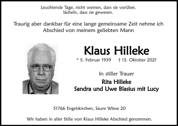 Anzeige von KKllaauuss HHiilllleekkee von Kölner Stadt-Anzeiger / Kölnische Rundschau / Express
